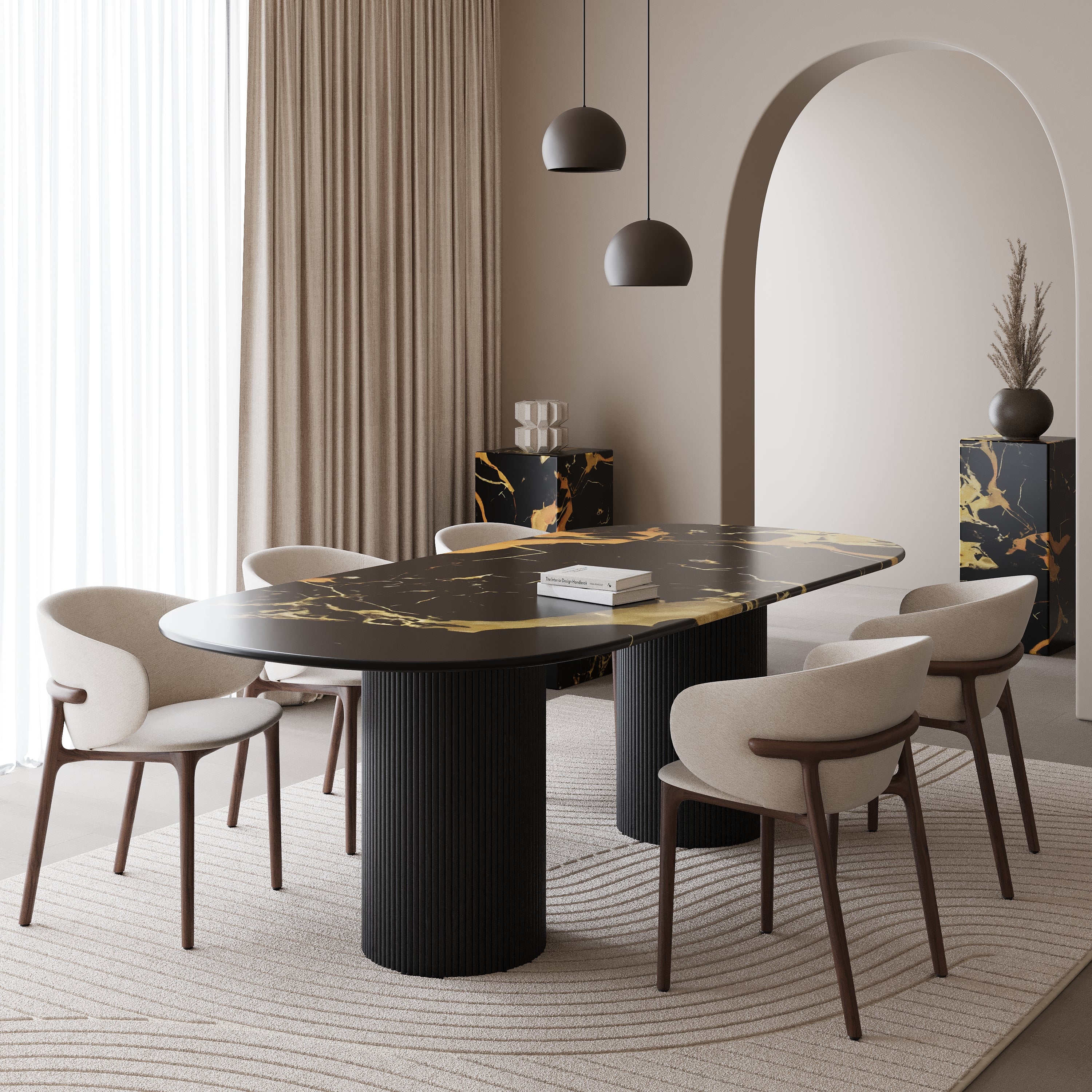 Half ovale marmeren eettafel - Zwart eiken dubbel ribbed cilinder poot