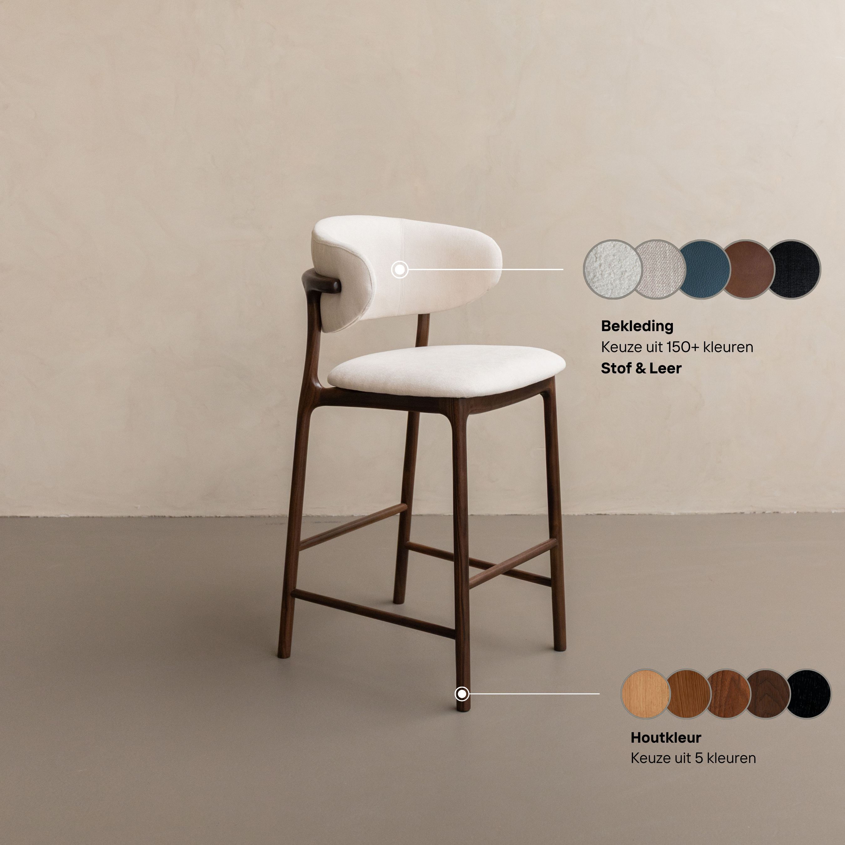 Ella barkruk walnoot hout - witte stof