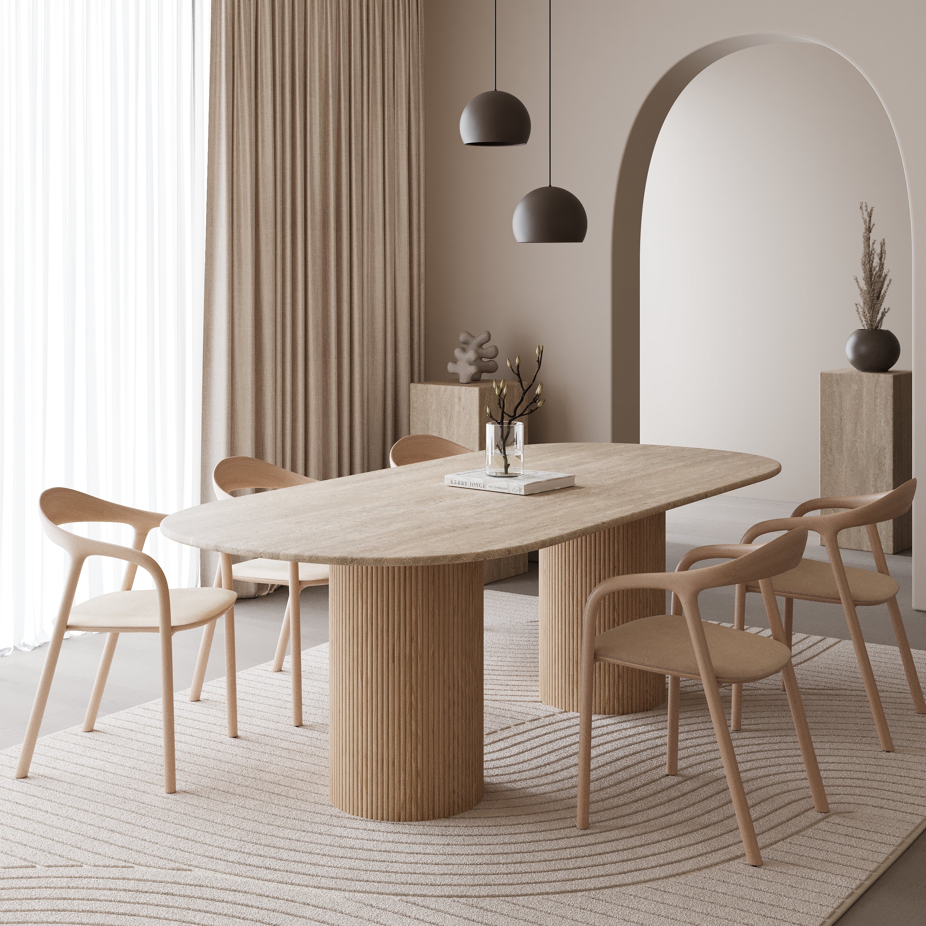 Half ovale marmeren eettafel - Licht eiken dubbel ribbed cilinder poot