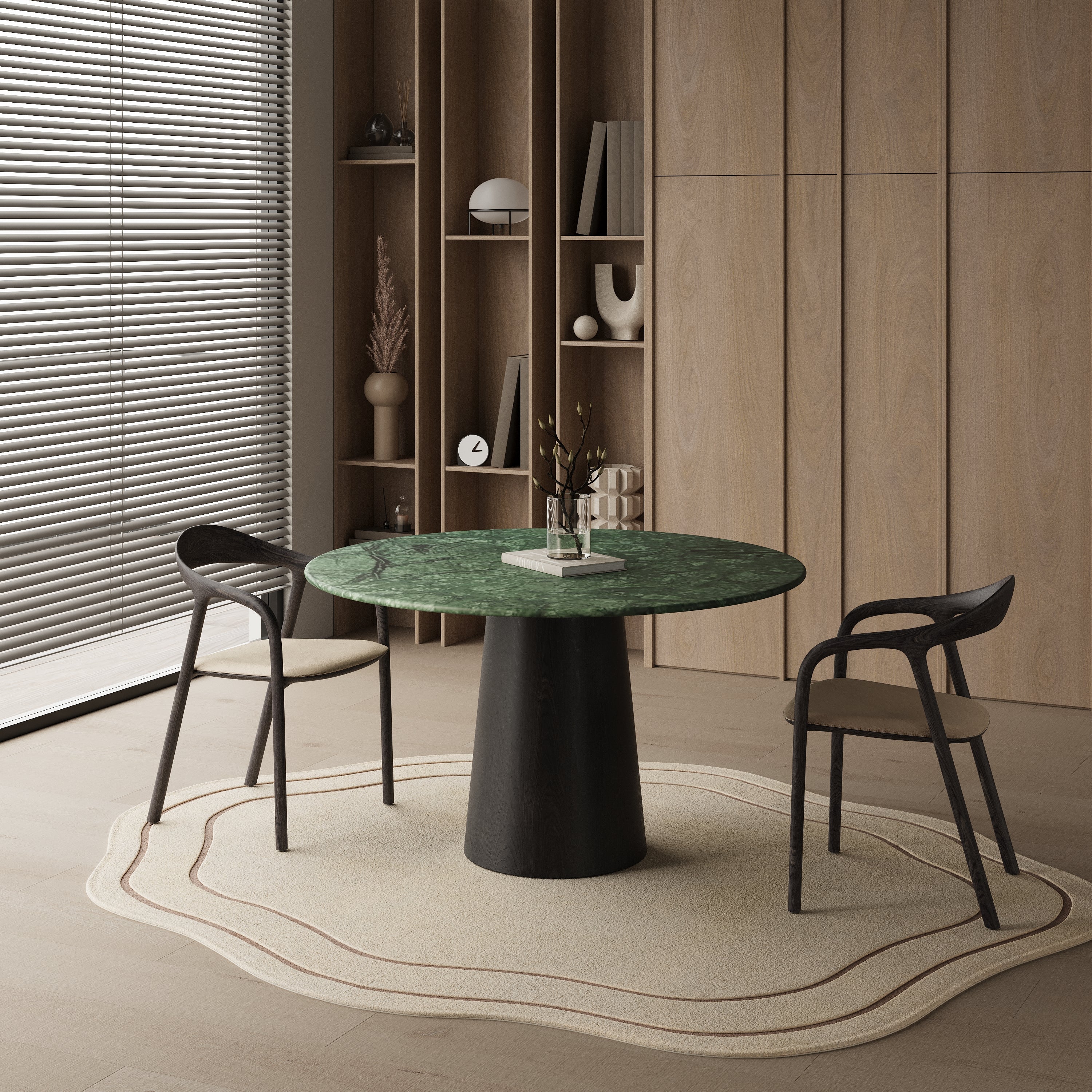Ronde marmeren eettafel - Zwart eiken cilinder onderstel