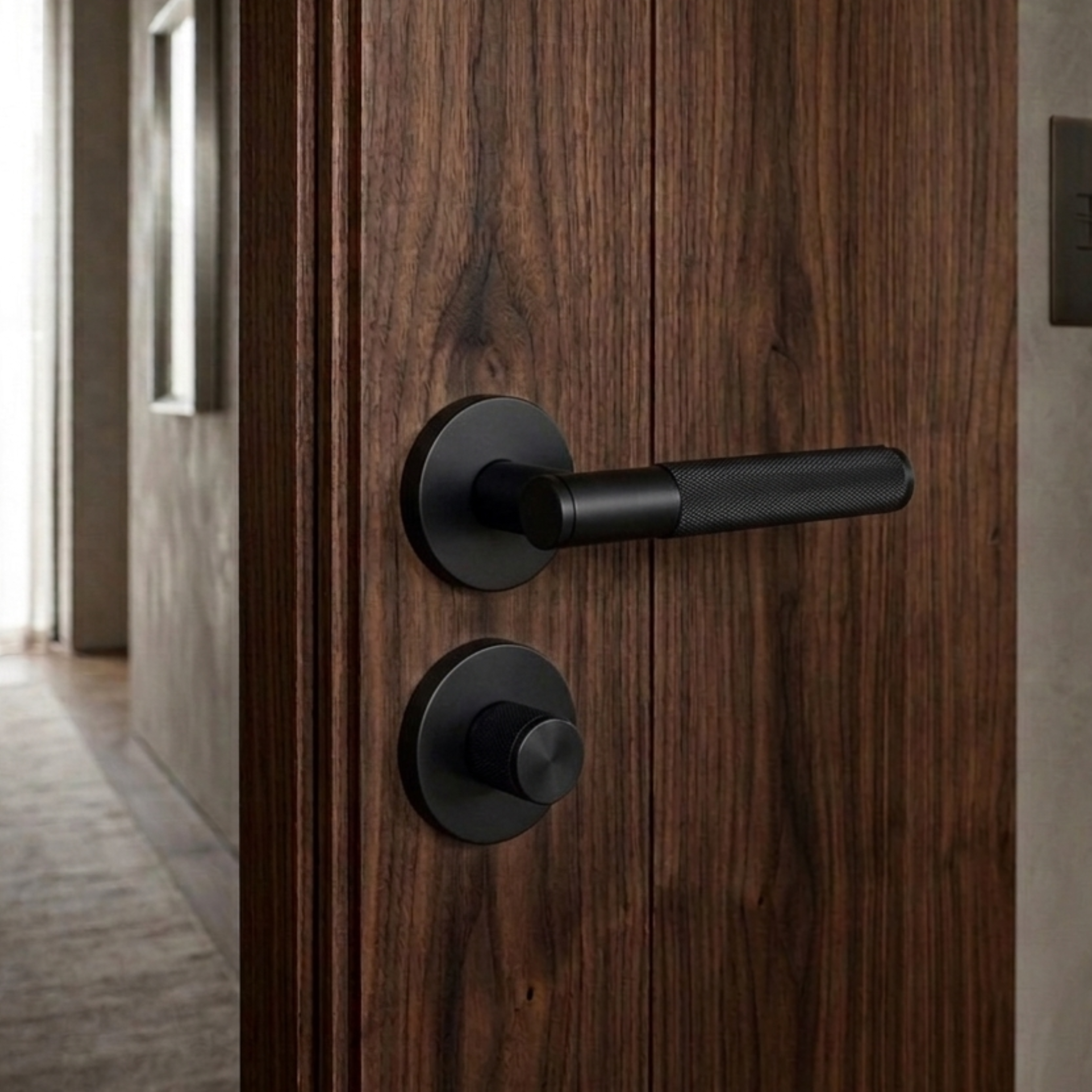 Black Brass door handle set with lock