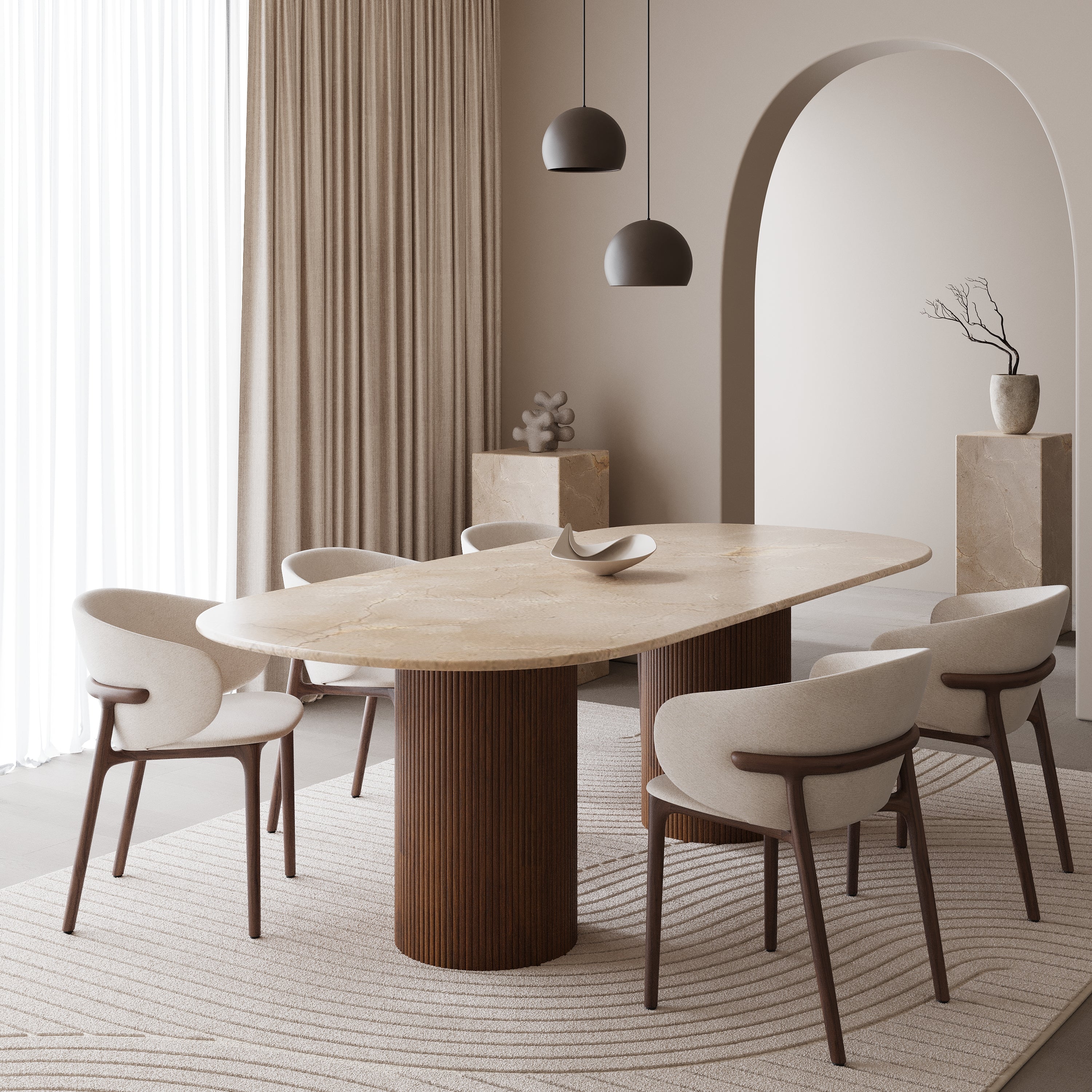 Half ovale marmeren eettafel - Walnoot dubbel ribbed cilinder poot
