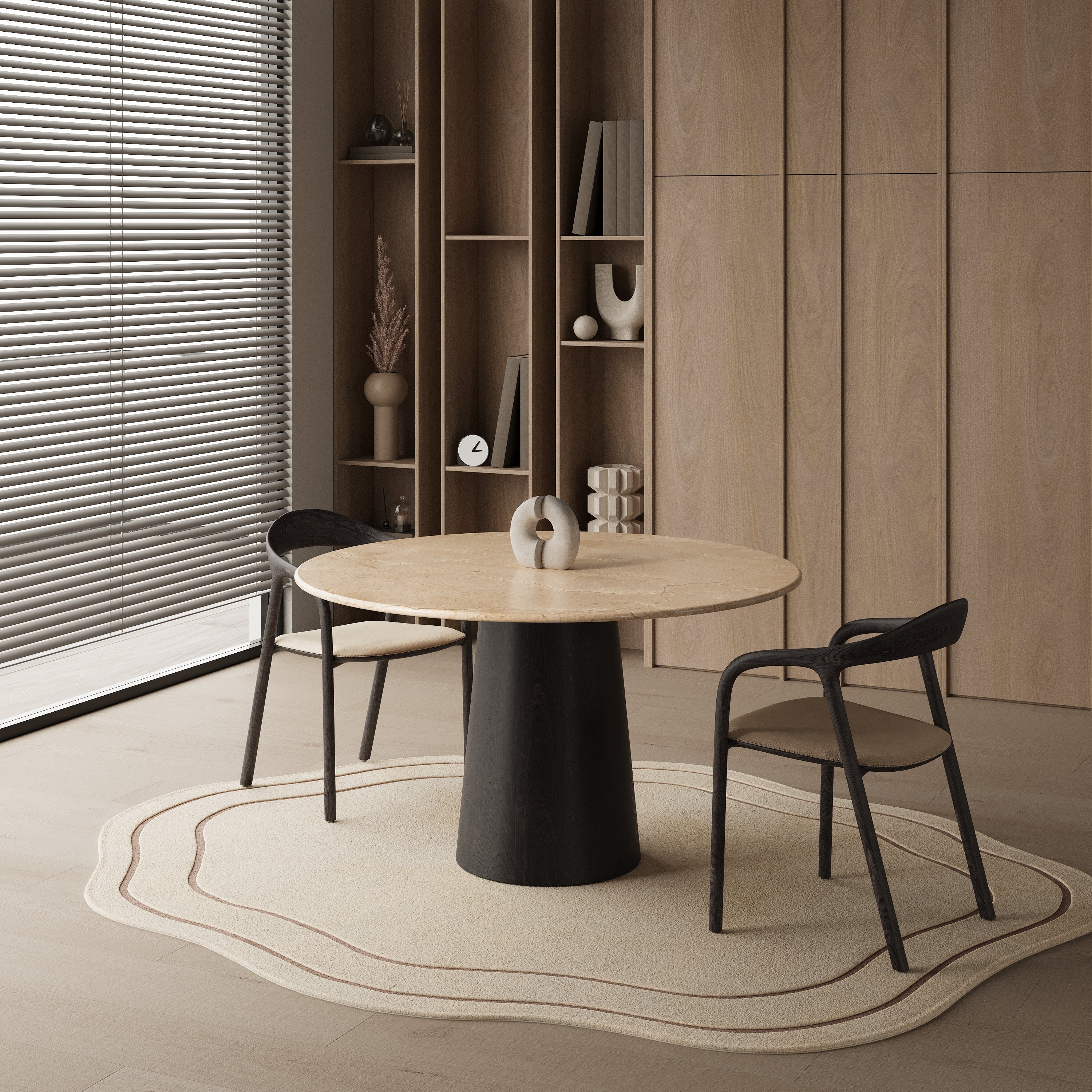 Ronde marmeren eettafel - Zwart eiken cilinder onderstel