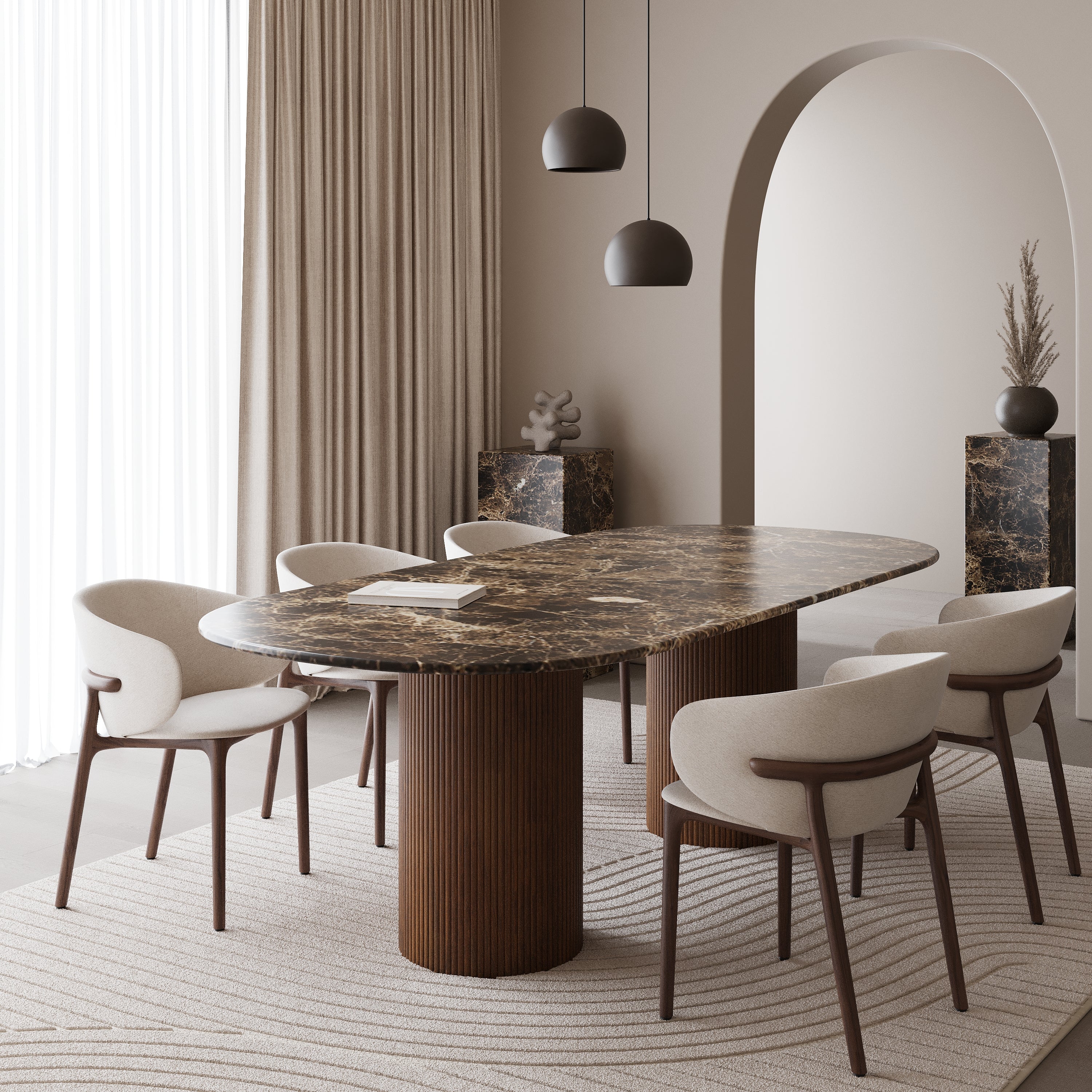Half ovale marmeren eettafel - Walnoot dubbel ribbed cilinder poot