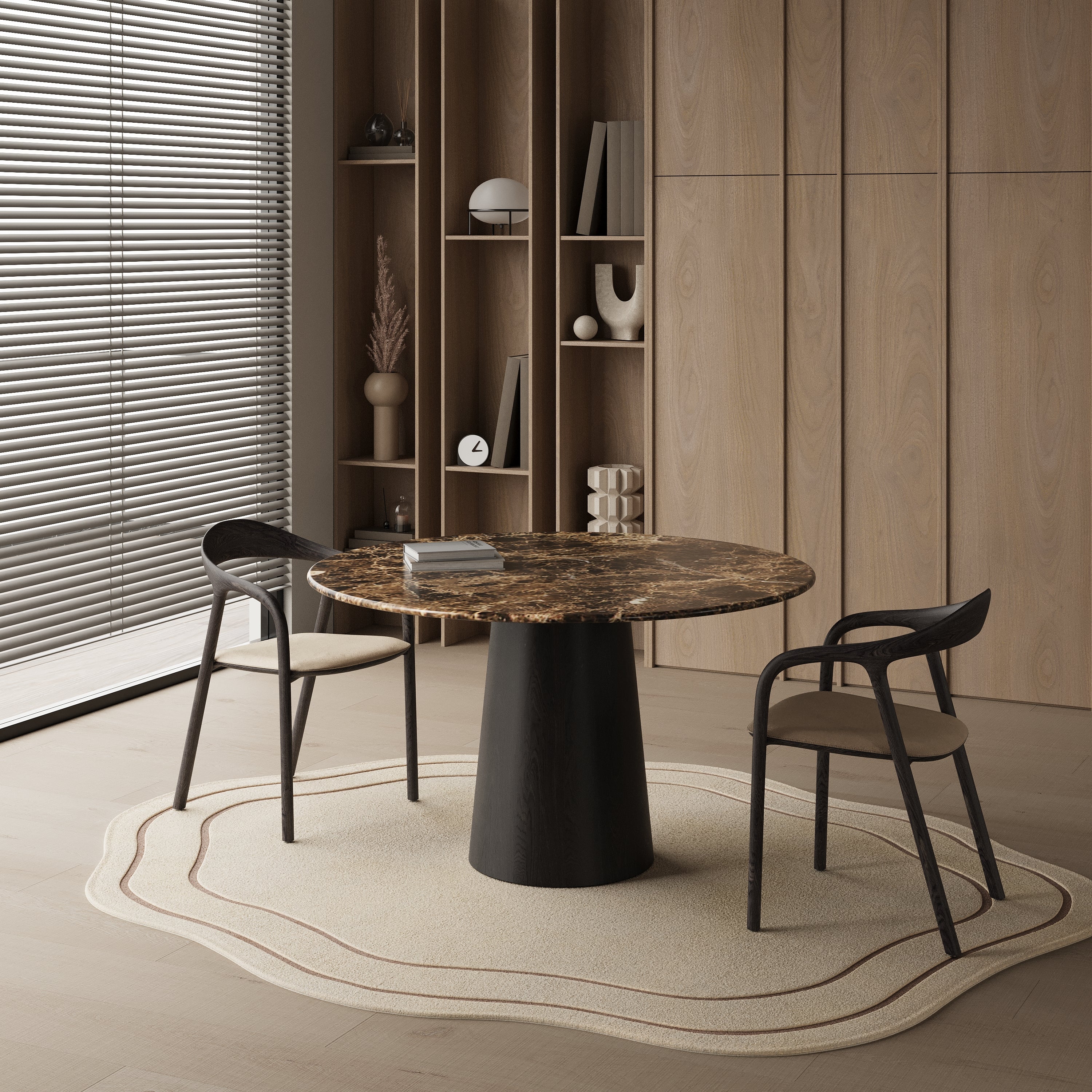 Ronde marmeren eettafel - Zwart eiken cilinder onderstel