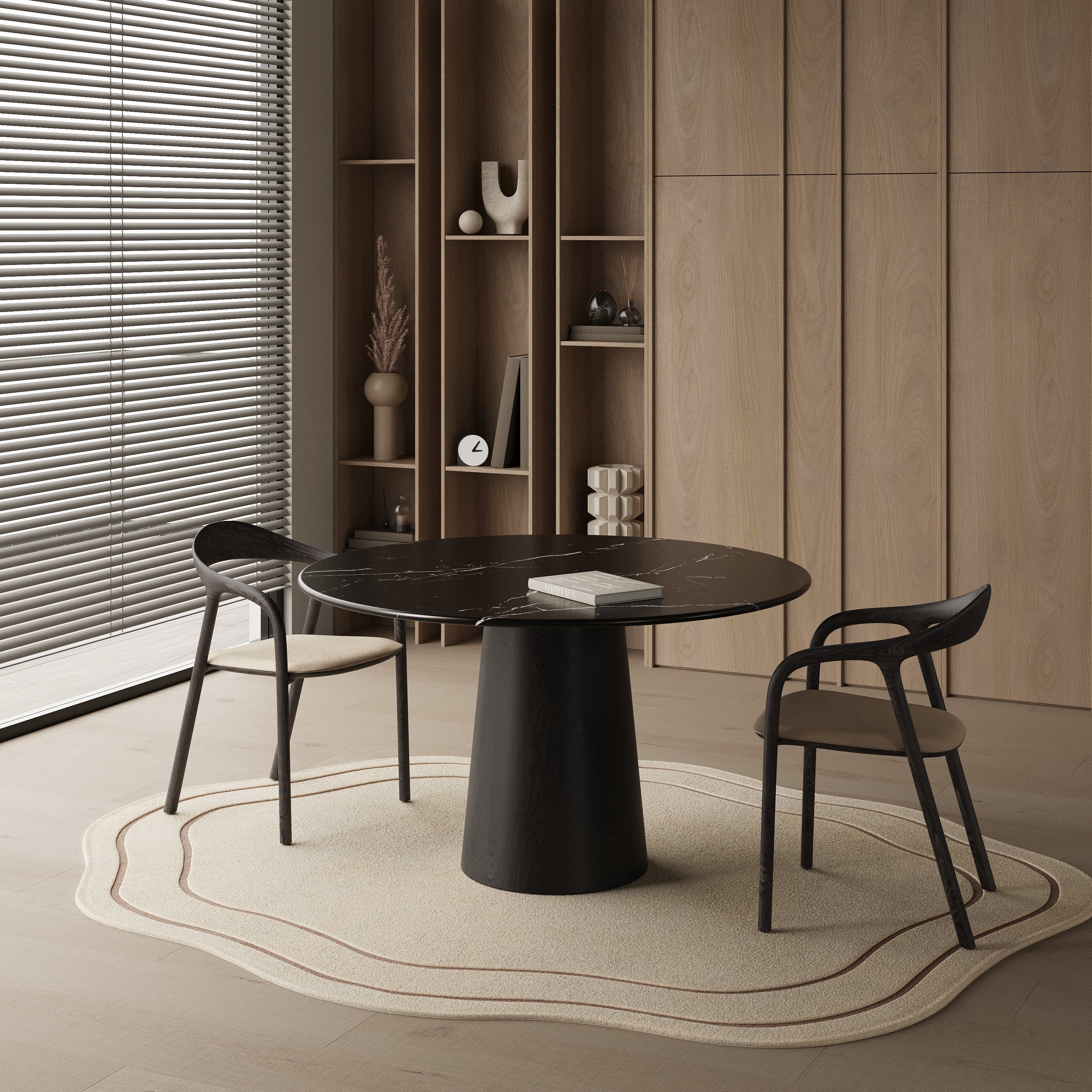 Ronde marmeren eettafel - Zwart eiken cilinder onderstel