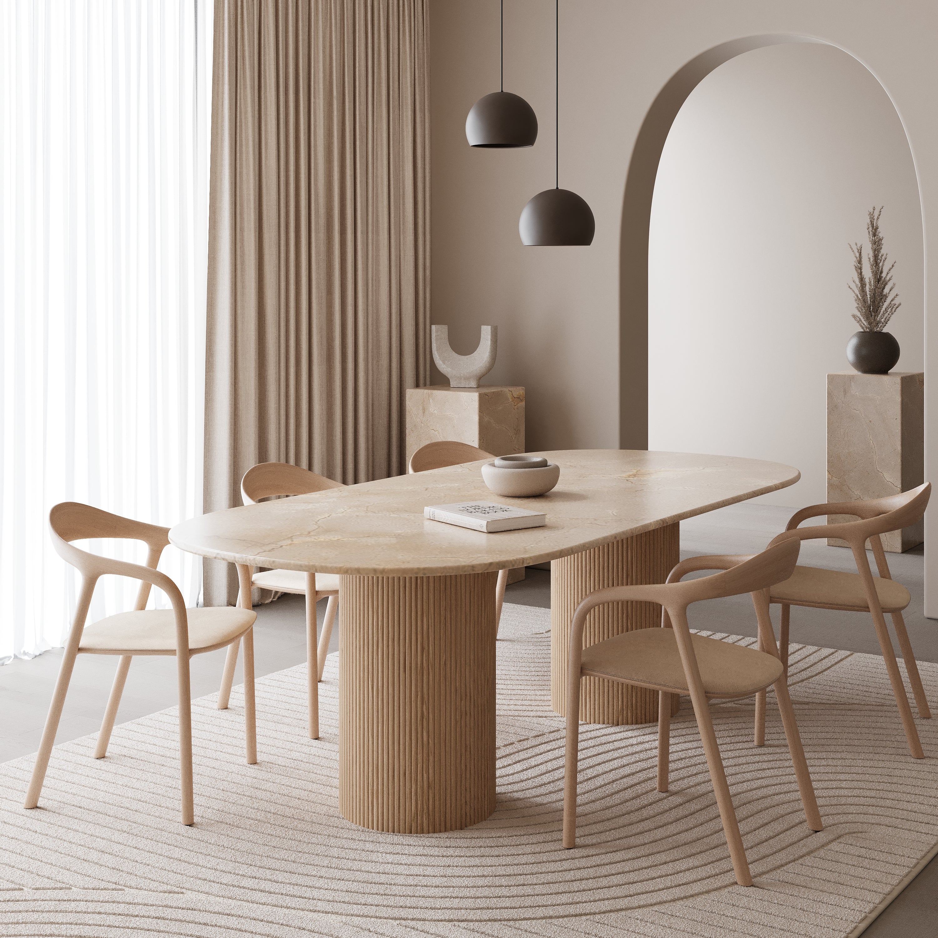 Half ovale marmeren eettafel - Licht eiken dubbel ribbed cilinder poot