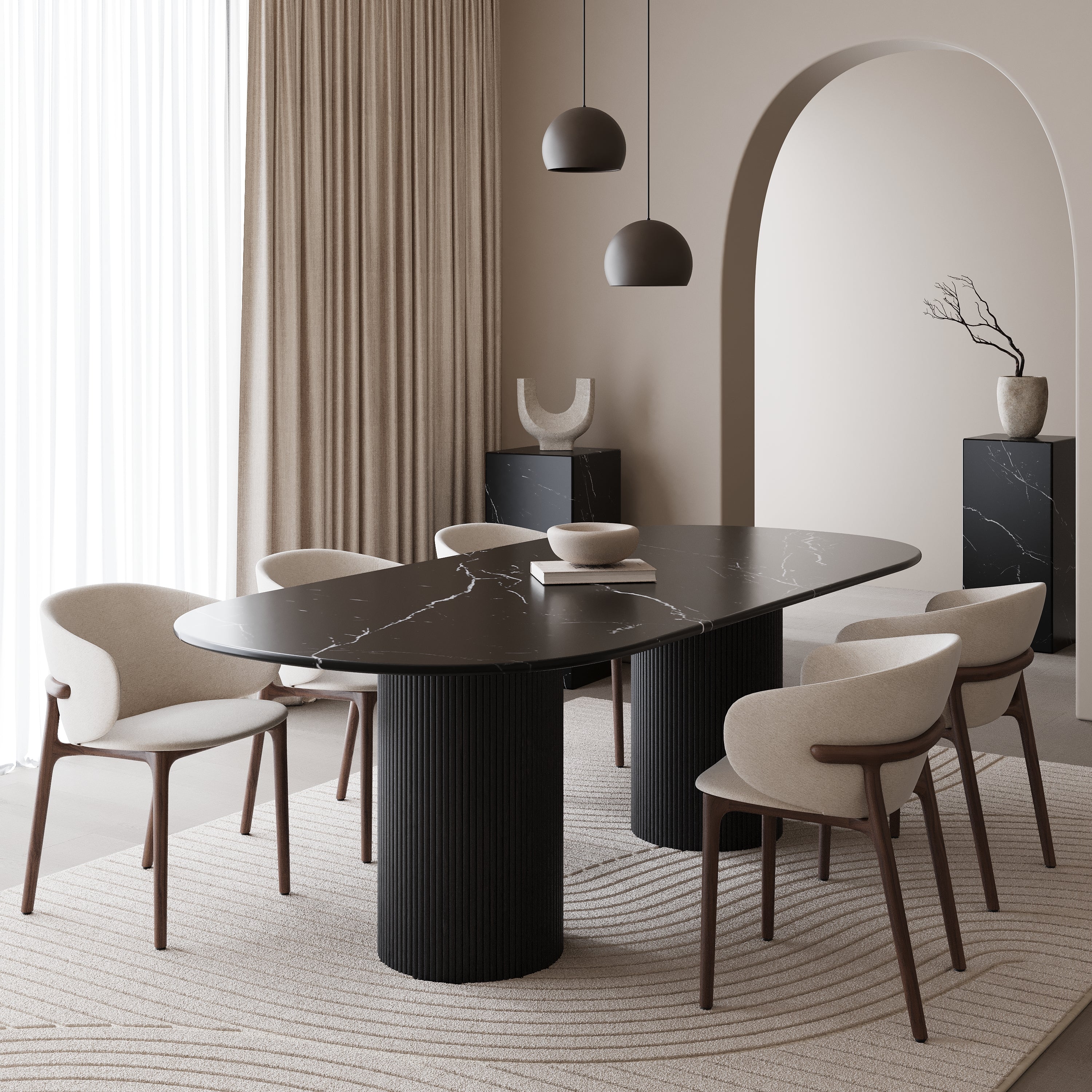 Half ovale marmeren eettafel - Zwart eiken dubbel ribbed cilinder poot