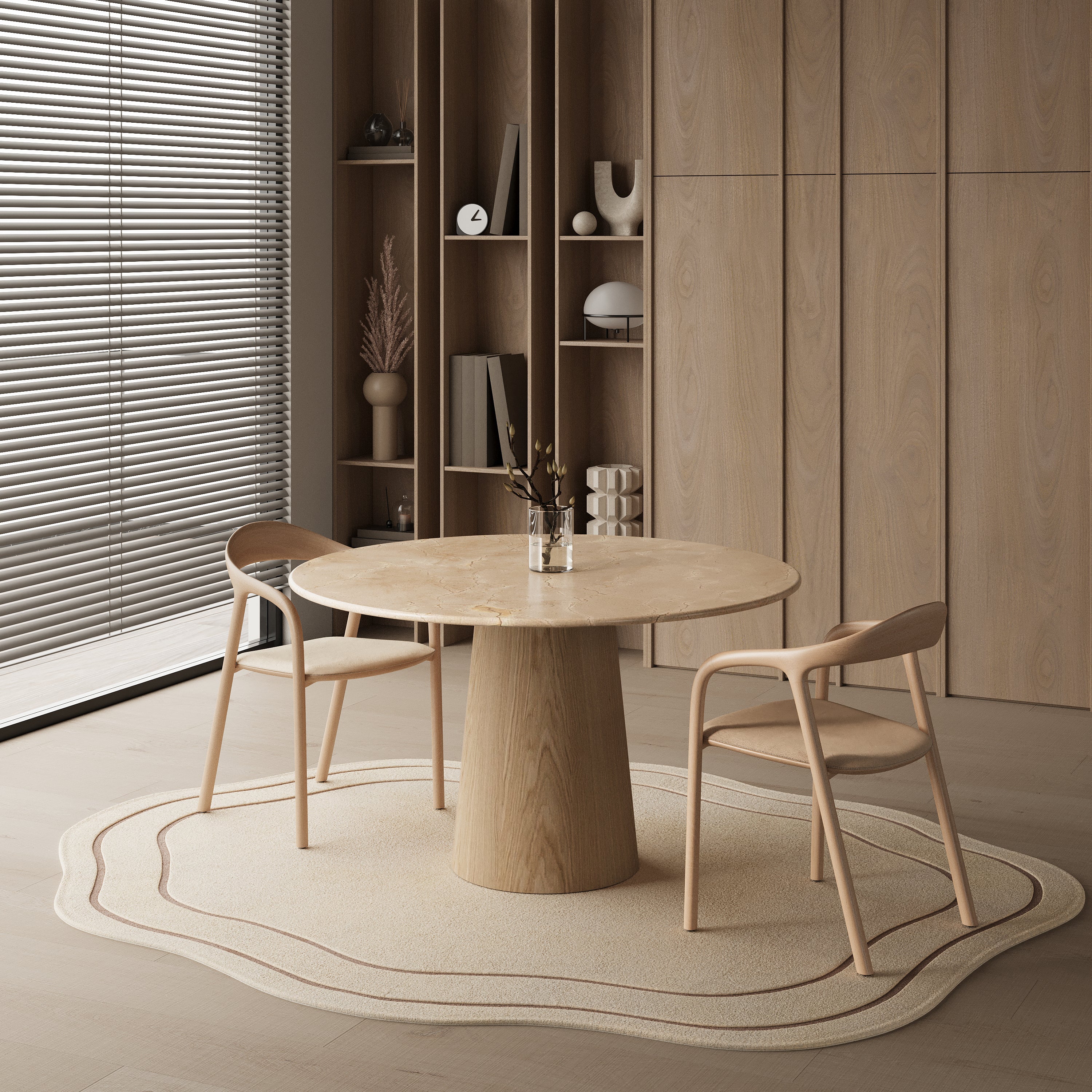 Ronde marmeren eettafel - Licht eiken cilinder onderstel