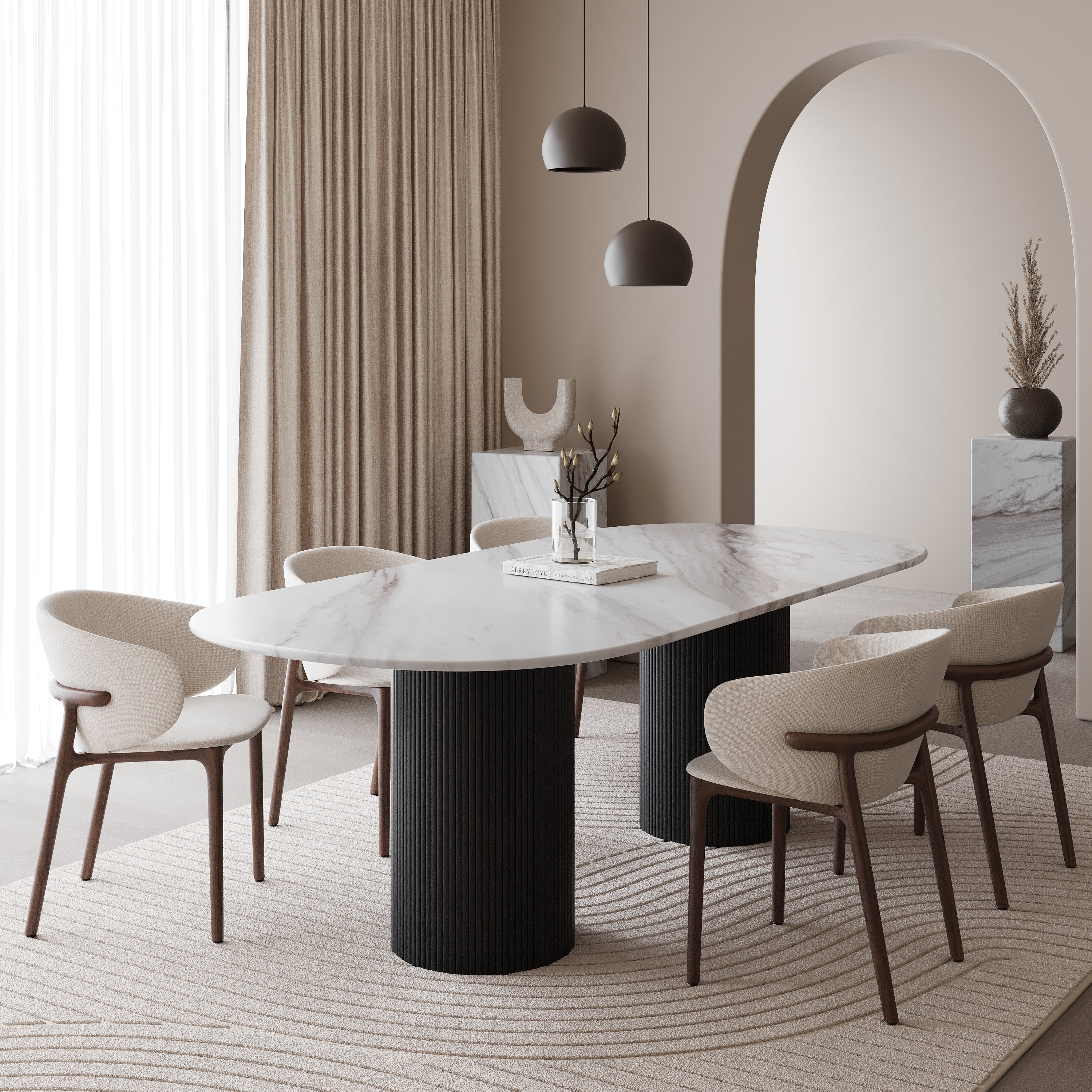 Half ovale marmeren eettafel - Zwart eiken dubbel ribbed cilinder poot