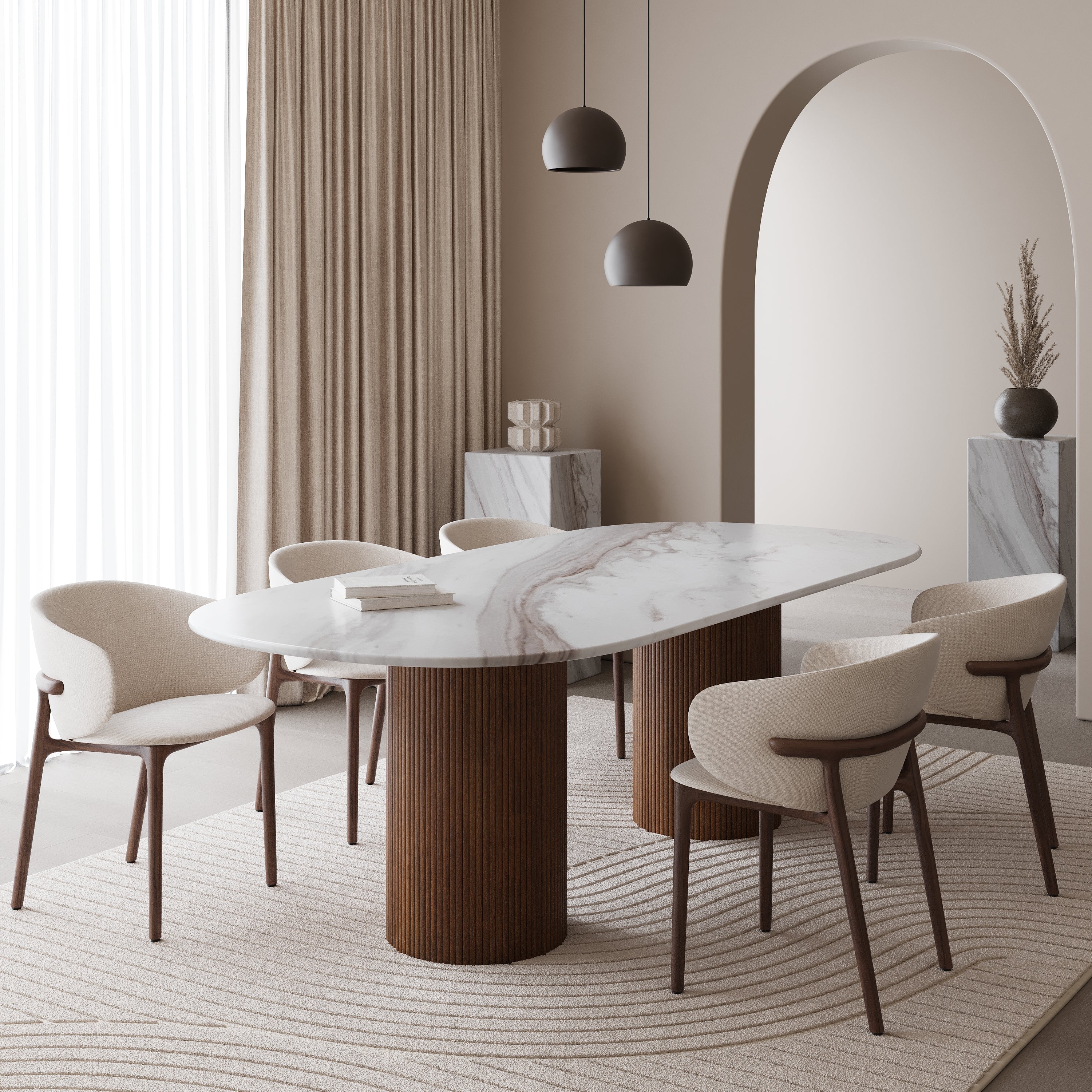 Half ovale marmeren eettafel - Walnoot dubbel ribbed cilinder poot