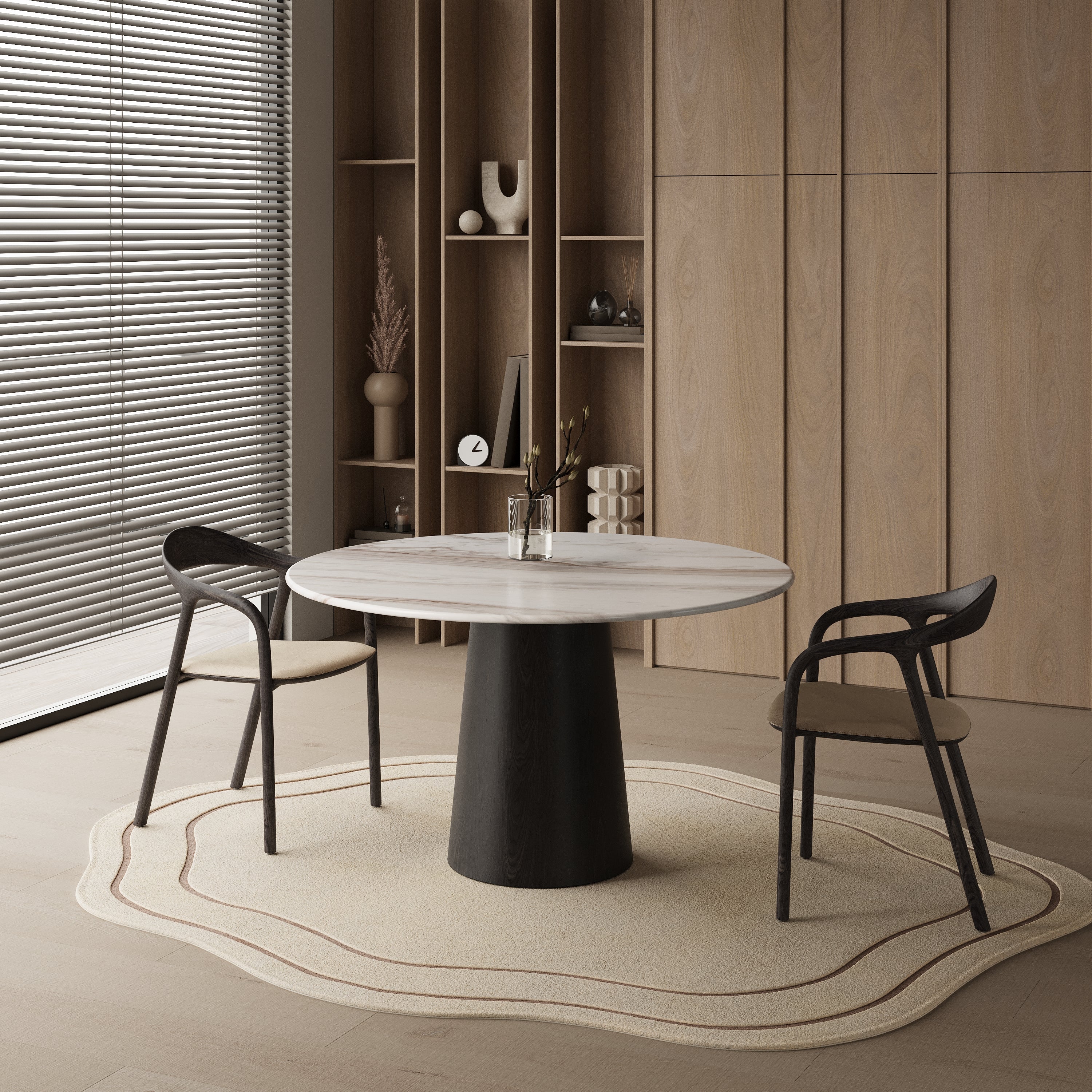Ronde marmeren eettafel - Zwart eiken cilinder onderstel
