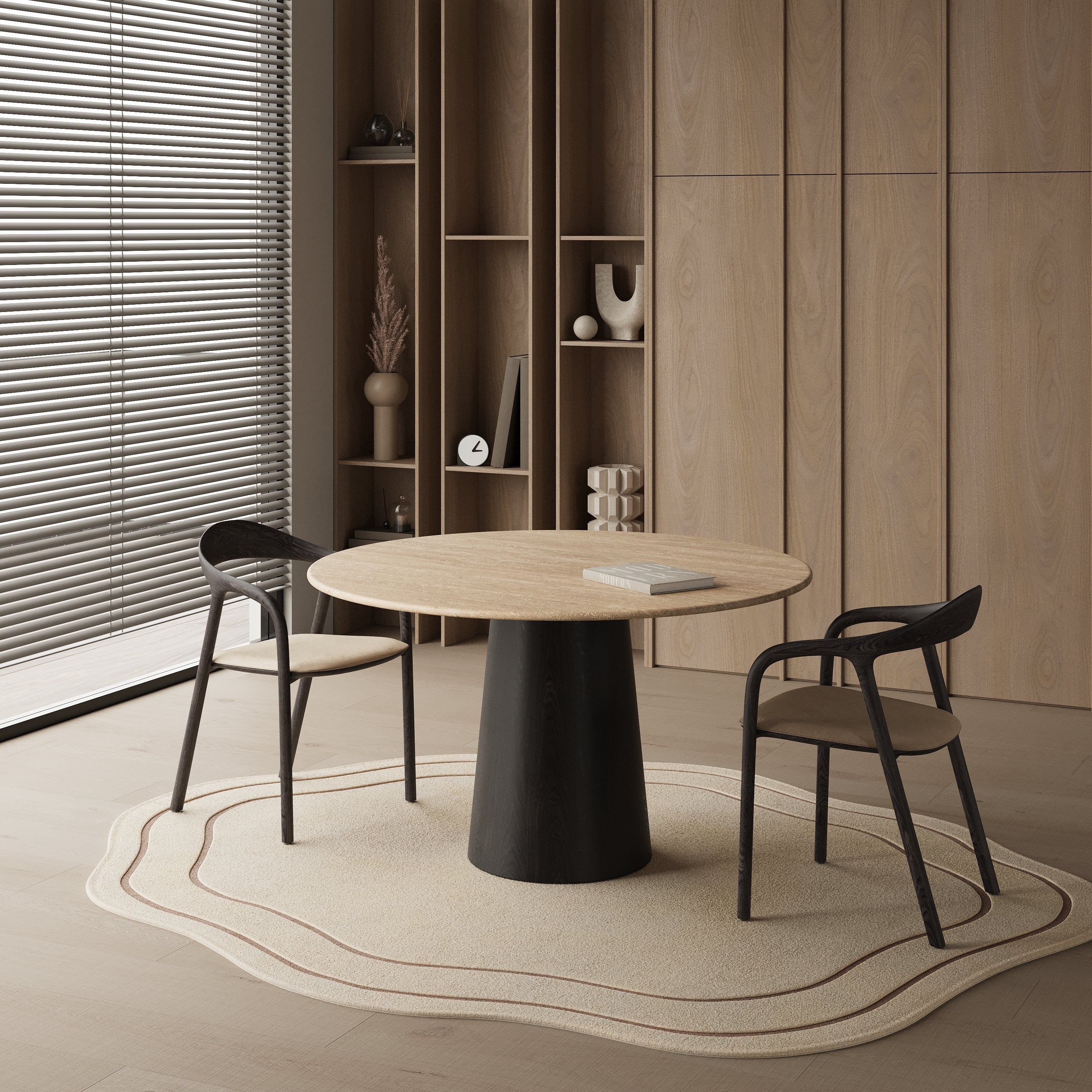 Ronde marmeren eettafel - Zwart eiken cilinder onderstel