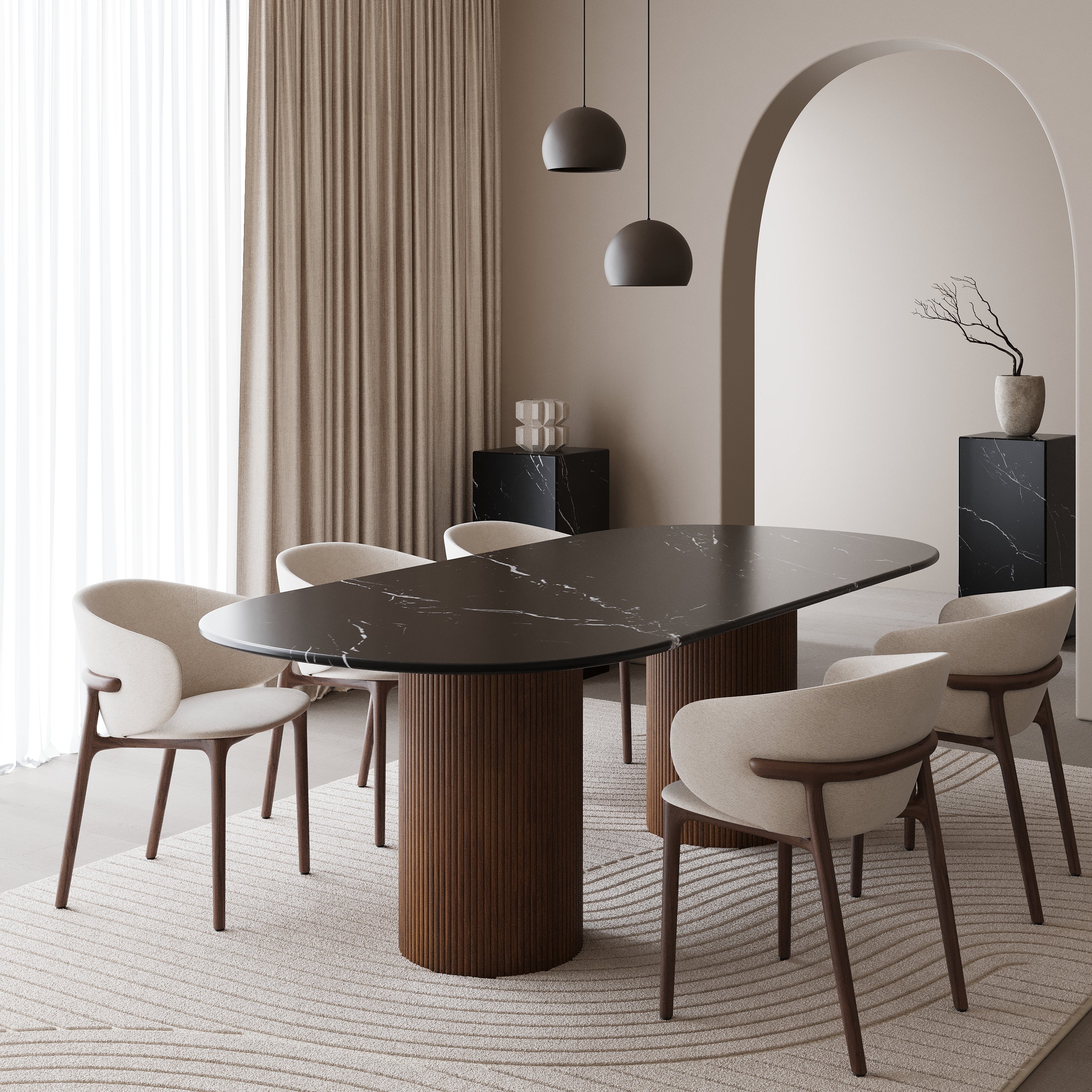 Half ovale marmeren eettafel - Walnoot dubbel ribbed cilinder poot