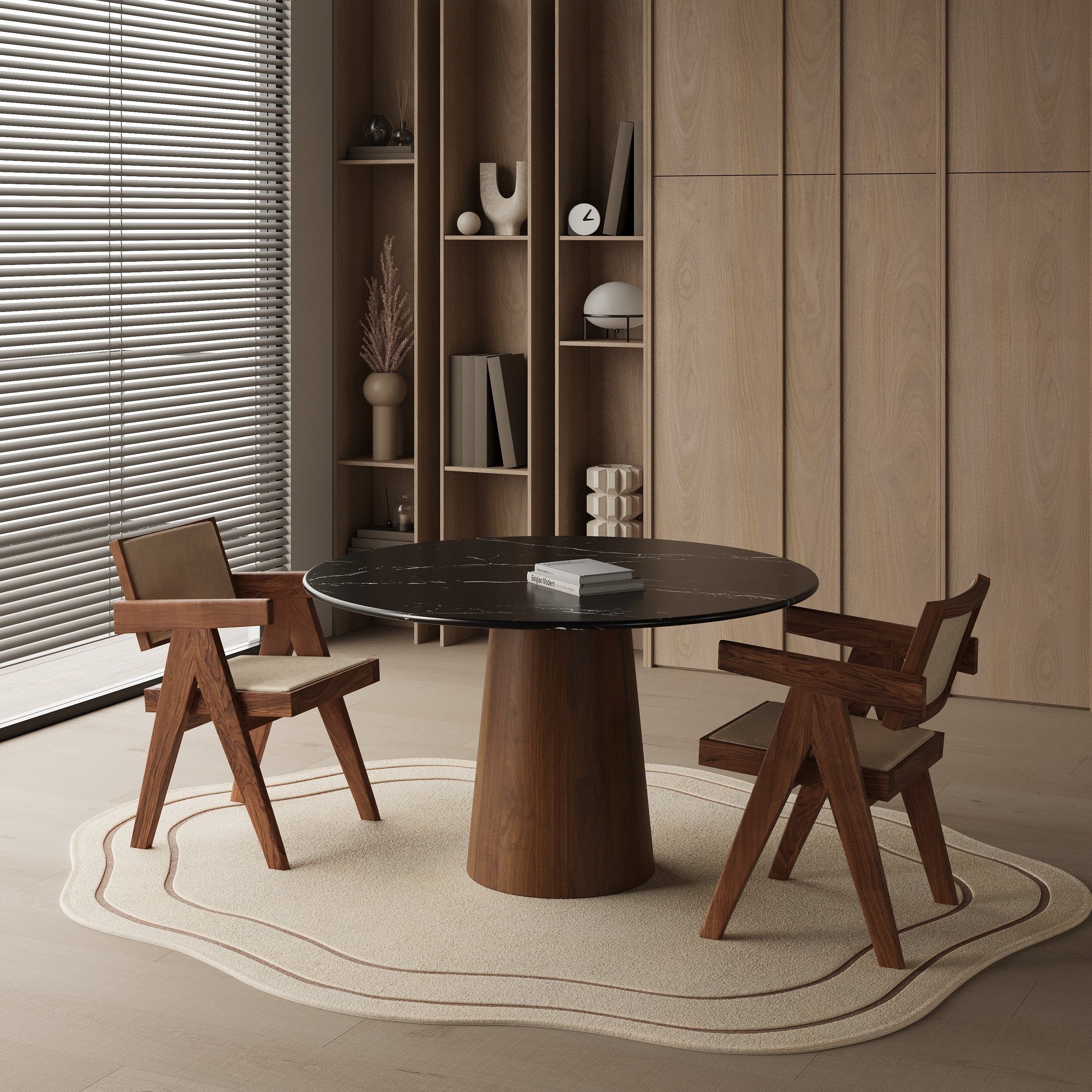 Ronde marmeren eettafel - Walnoot houten cilinder onderstel
