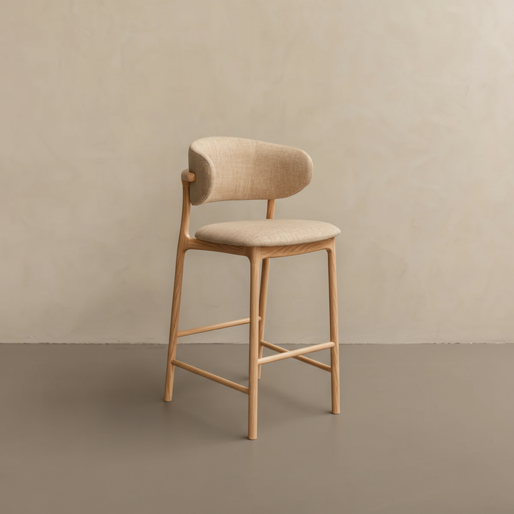 Houten barkruk Ella - Licht eiken - Zandkleurige stof