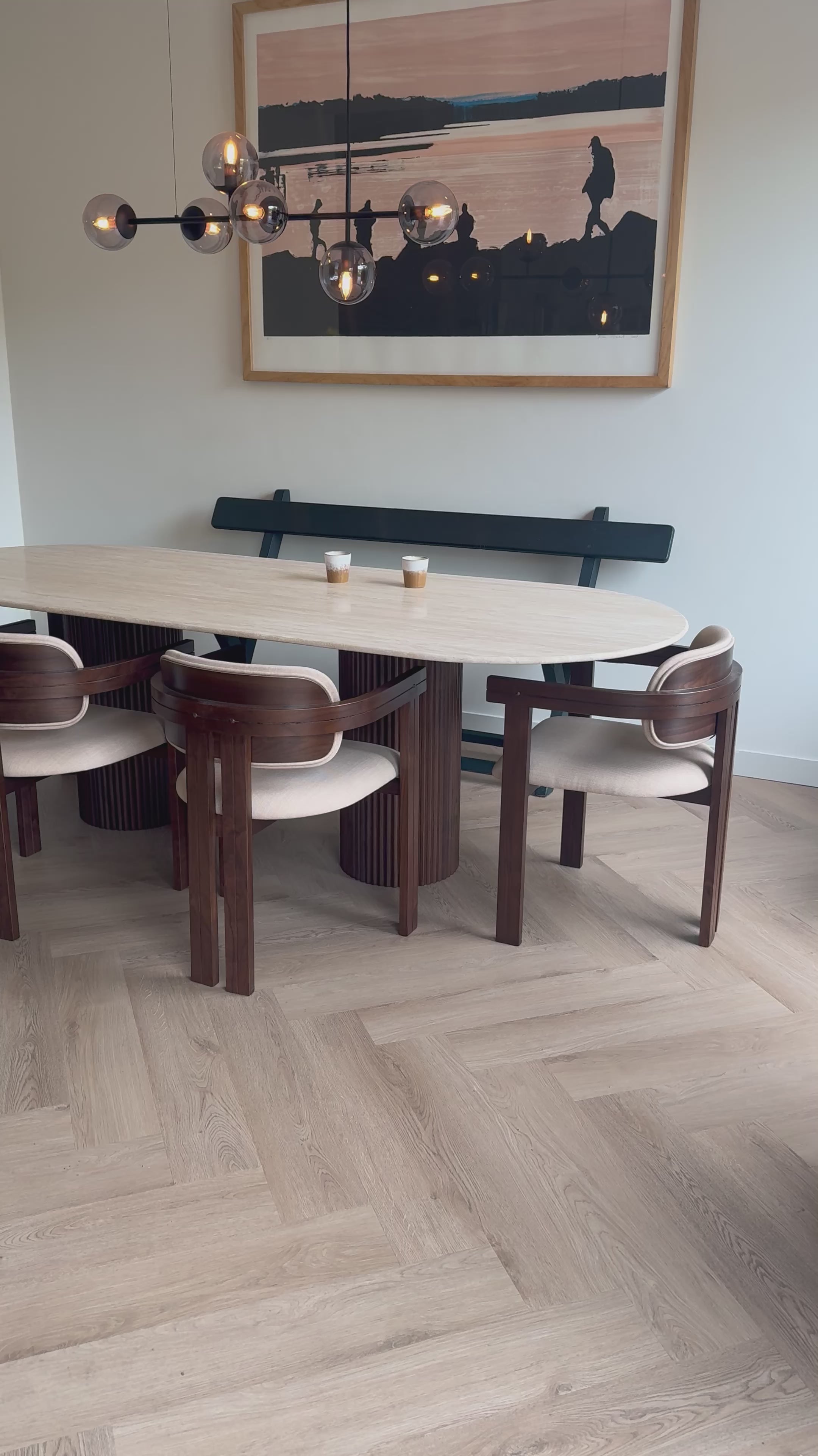 Half ovale marmeren eettafel - Walnoot dubbel ribbed cilinder poot