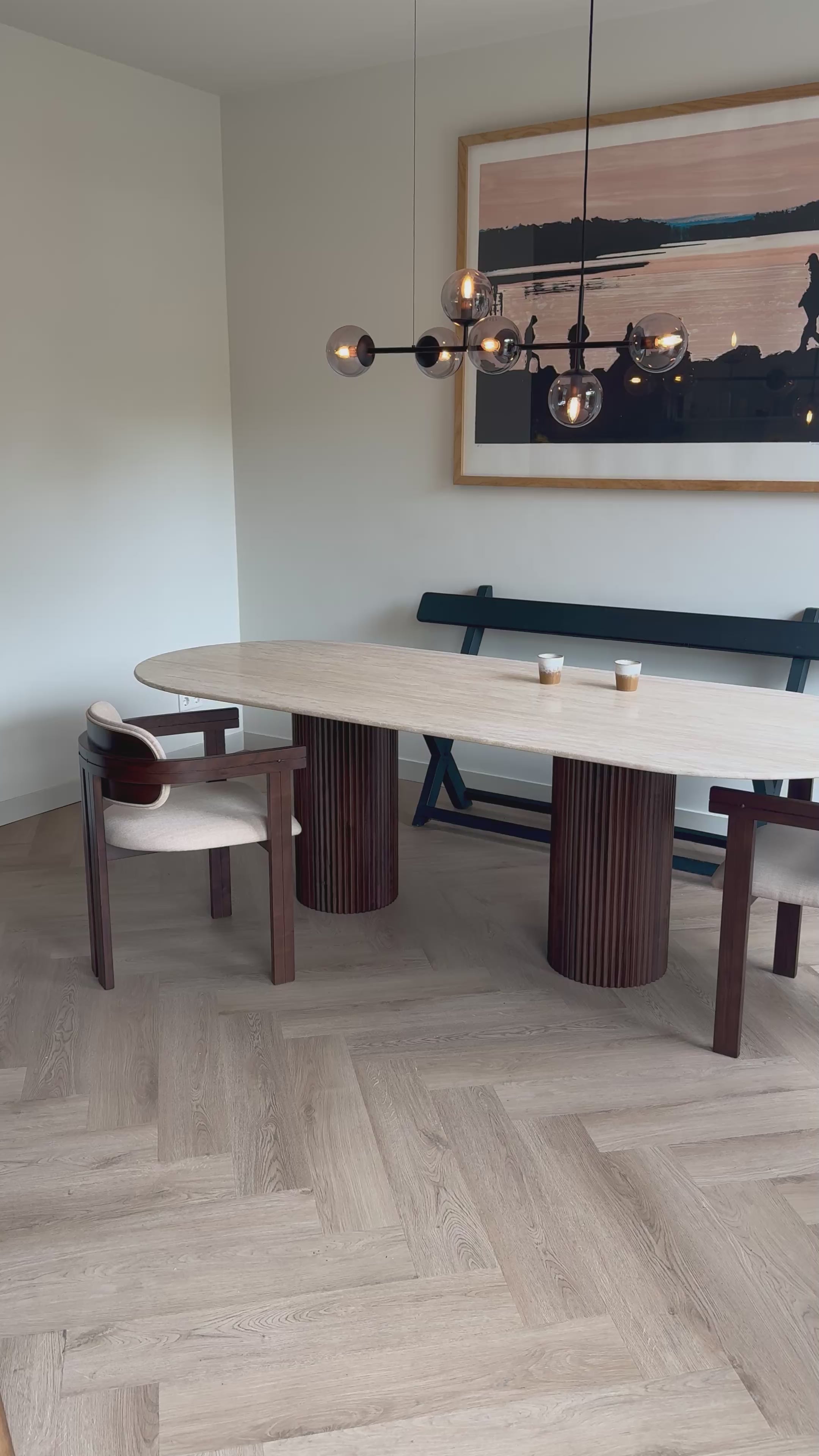 Half ovale marmeren eettafel - Walnoot dubbel ribbed cilinder poot