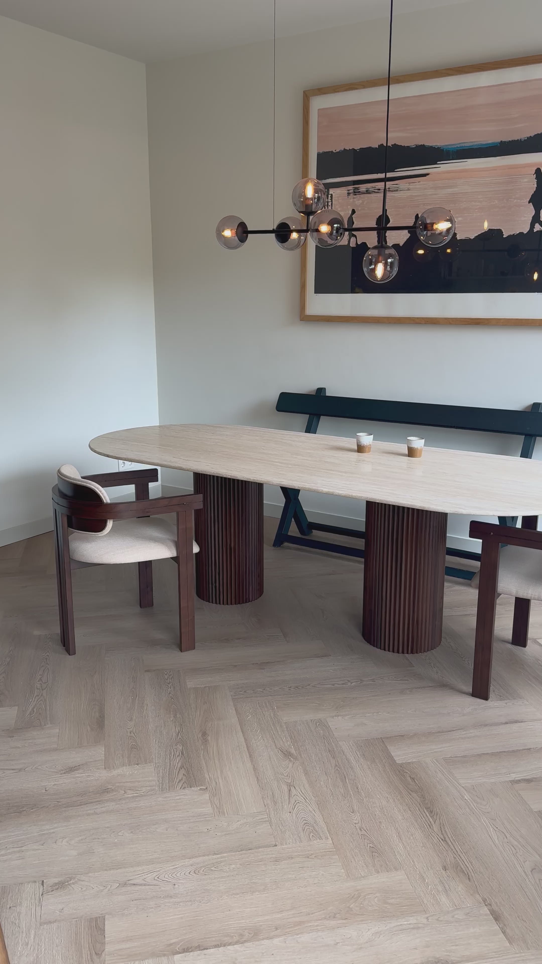 Half ovale marmeren eettafel - Walnoot dubbel ribbed cilinder poot