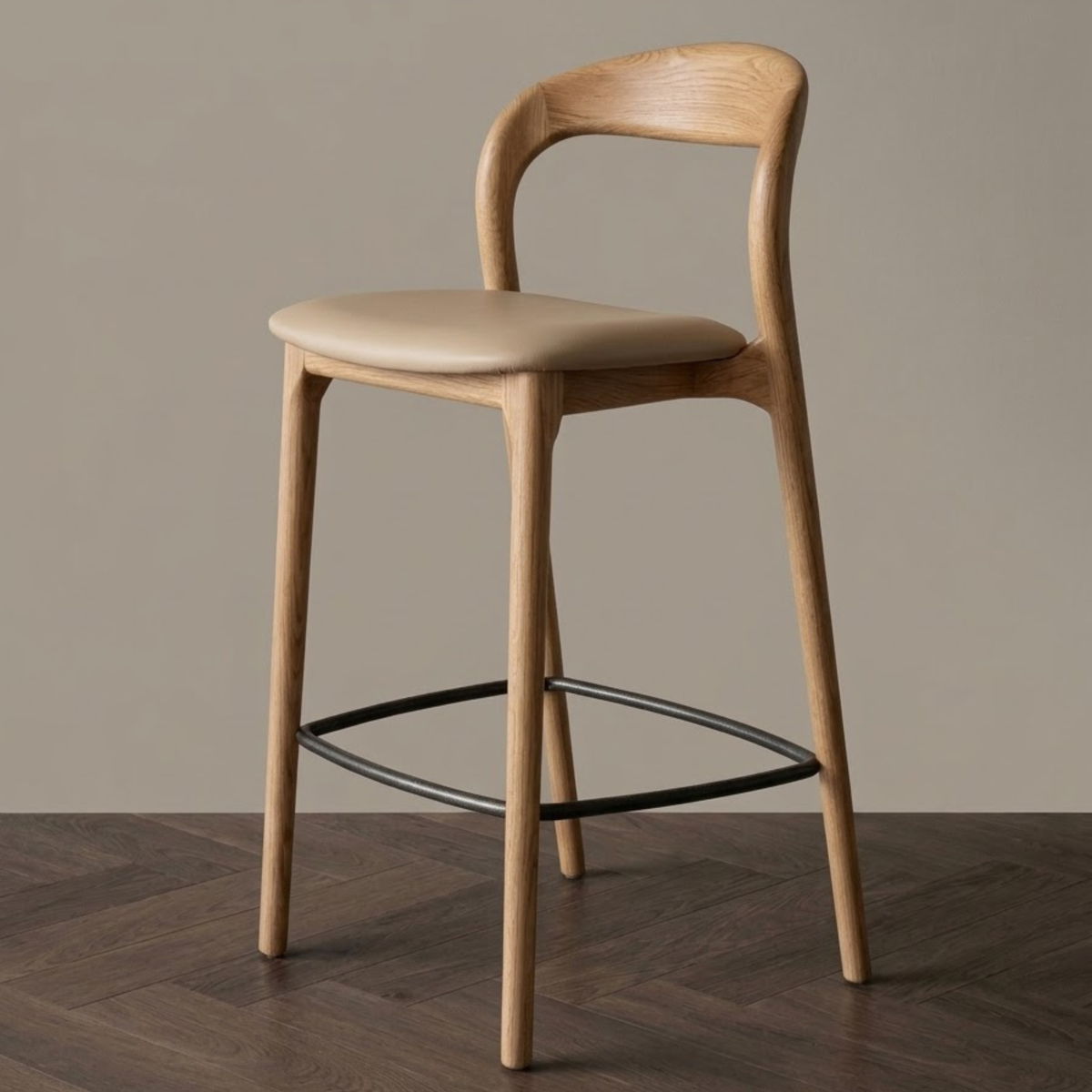 Kana barkruk licht eiken - beige leer