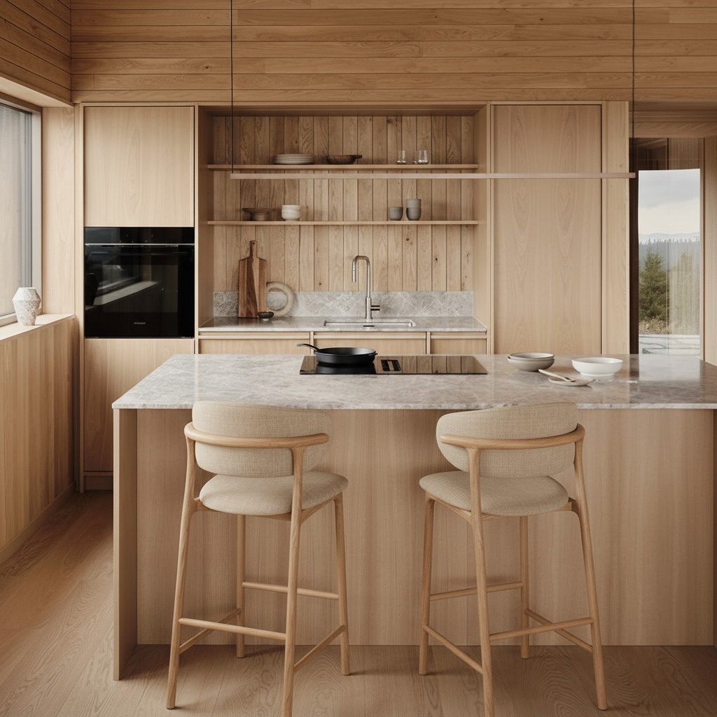 Houten barkruk Ella - Licht eiken - Zandkleurige stof